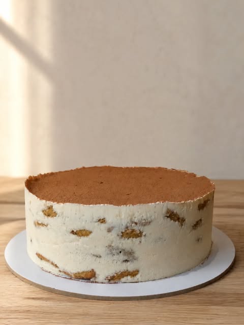 Tiramisú redondo espolvoreado con cacao amargo